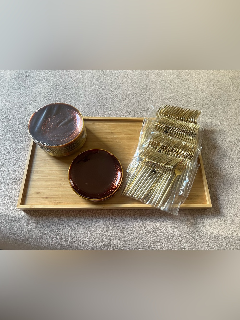 Set of Brown Plastic Dessert plates and forks